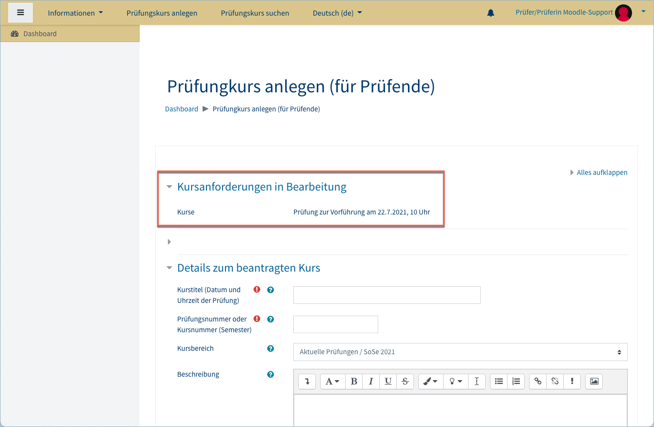 registration form and overview over pending courses