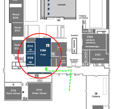 Grundriss des Erwin-Schrödinger-Zentrums mit markiertem Eingang zum E-Prüfungszentrum